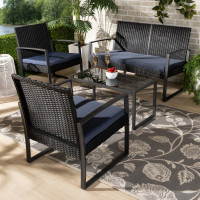 Baxton Studio MLM-210595-Blue VioletBlack Baxton Studio Greta Modern and Contemporary Dark Blue Fabric Upholstered and Black Finished Metal and Synthetic Rattan 4-Piece Patio Set